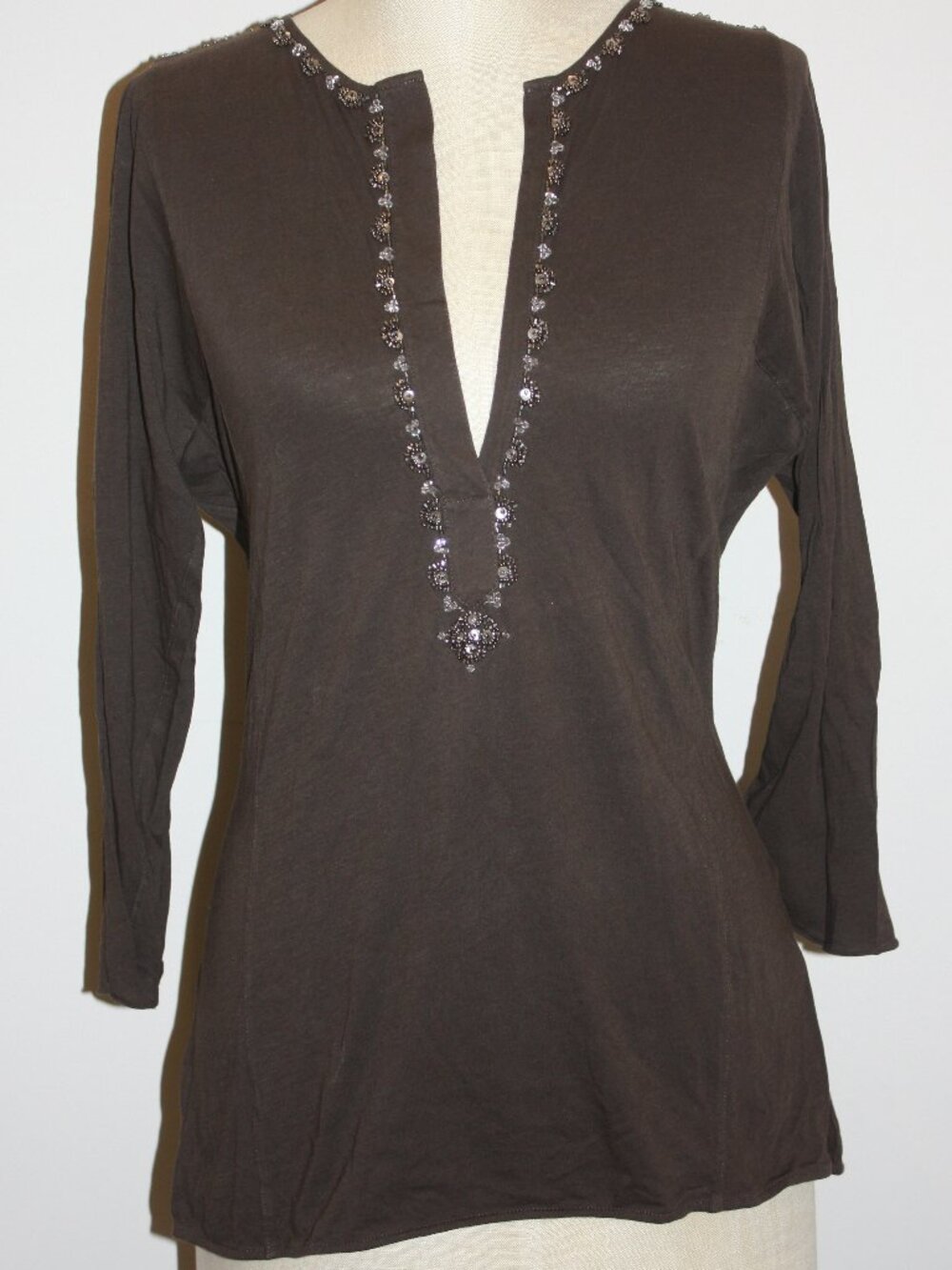 J.CREW BROWN COTTON LONG SLEEVE BEADED DEEP CUT V-NECK SHIRT TOP - MEDIUM 4 6